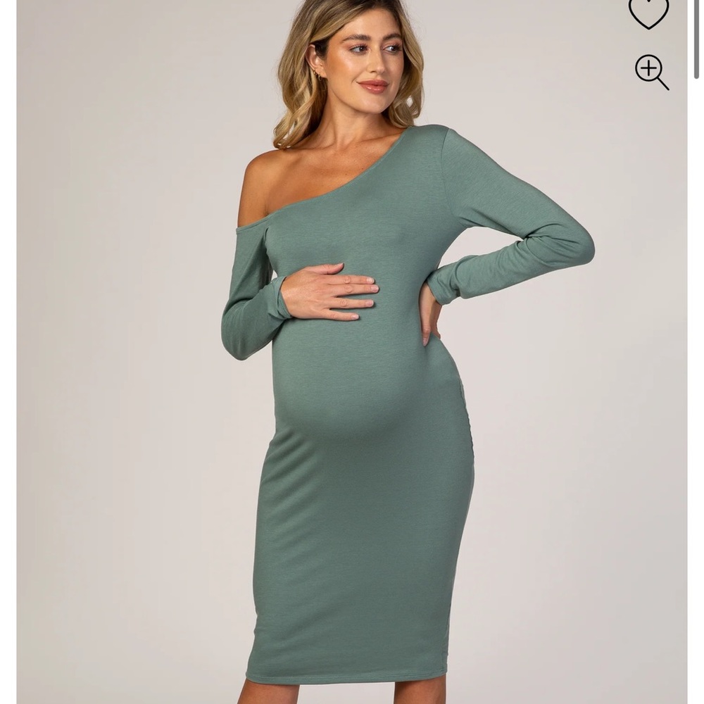 PinkBlush Dusty Green One Shoulder Fitted Midi Maternity Dress